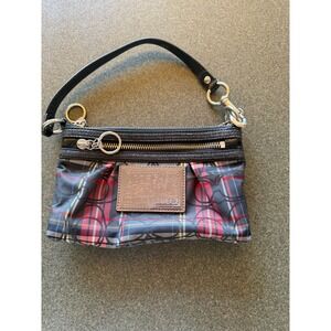 Coach Poppy Tartan Plaid Signature C Wristlet Red Blue Black Silver Bag